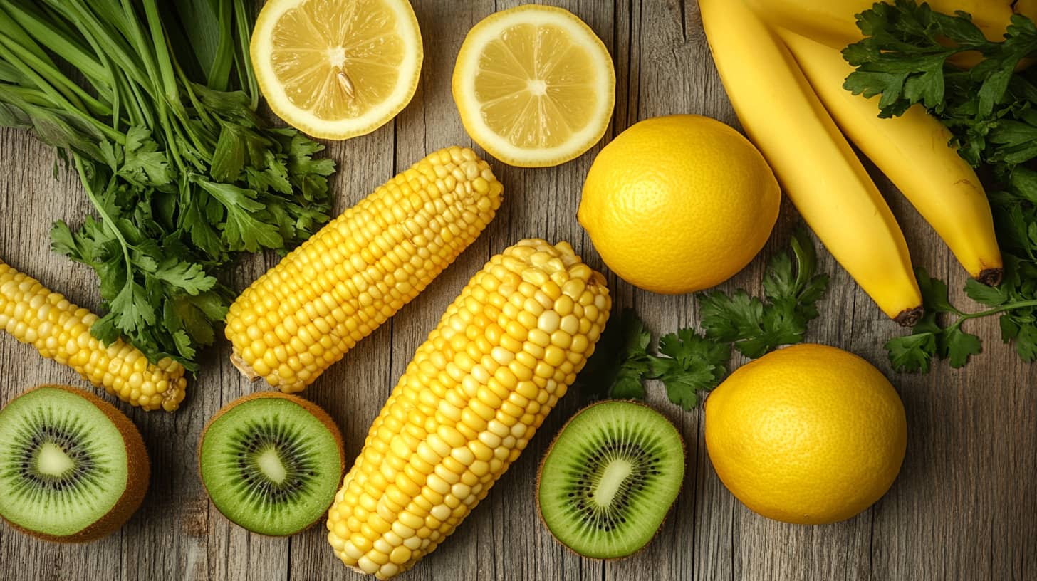 A vibrant assortment of yellow foods like bananas, corn, and lemons on a rustic table, showcasing their variety and freshness.