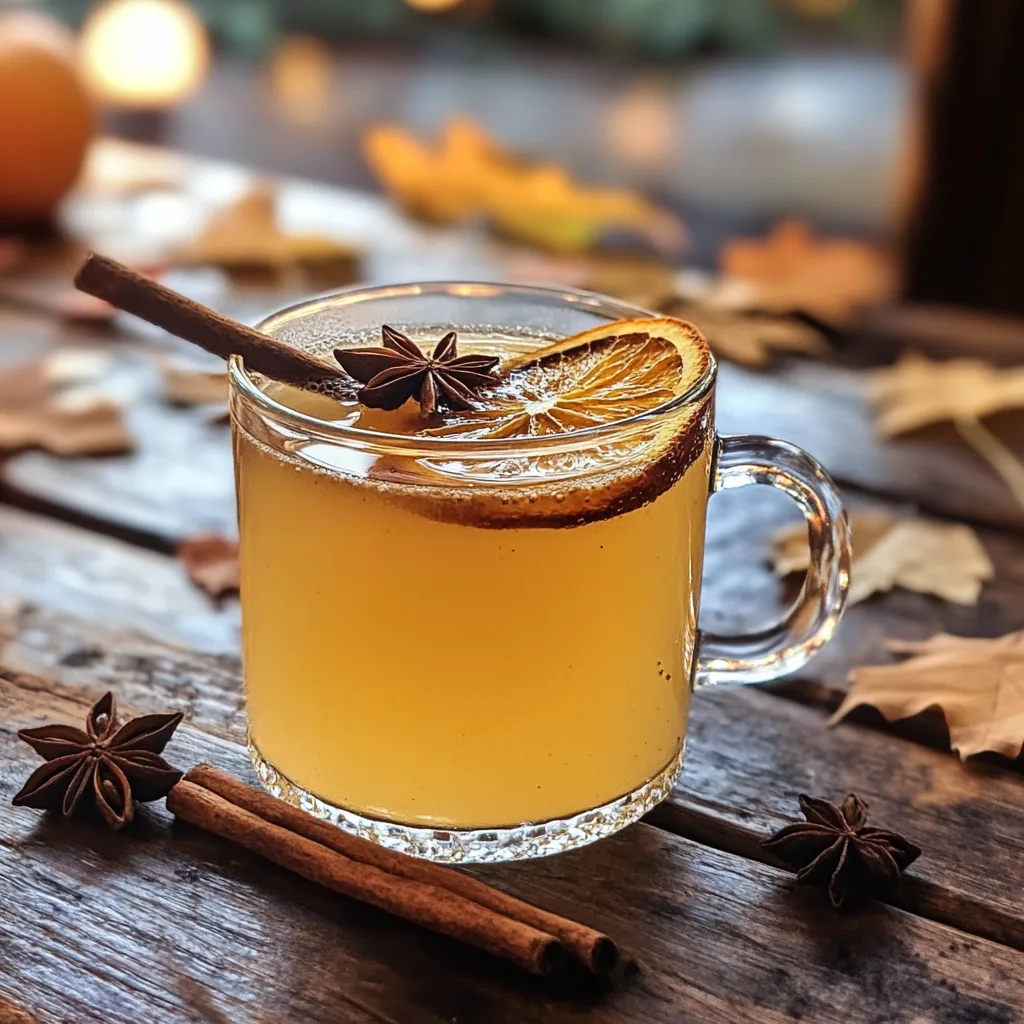 A festive serving of hot apple cider in a glass mug with a cinnamon stick, garnished with a dried orange slice and a star anise