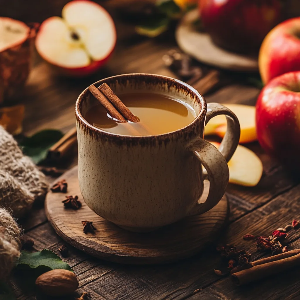 Homemade slow cooker apple cider served in a rustic mug with cinnamon sticks and fresh apples on a wooden table