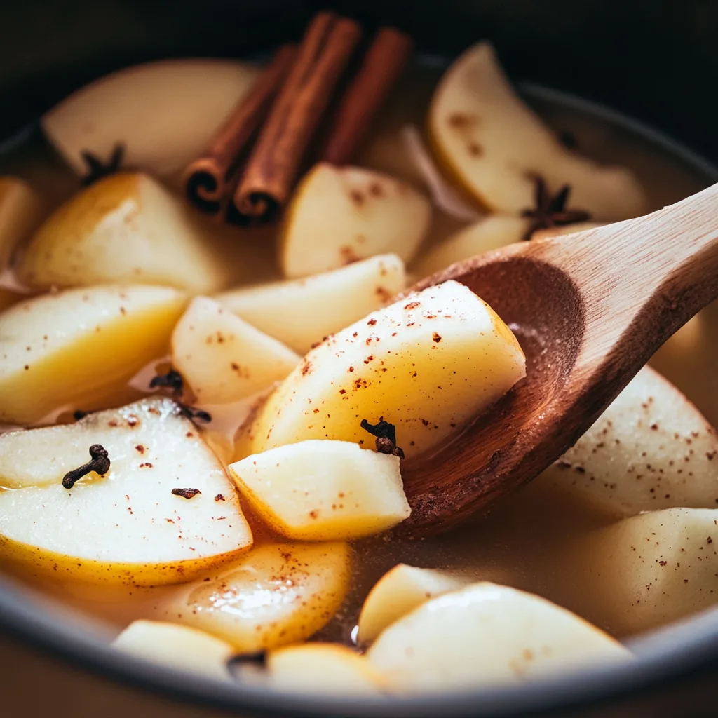 Apples being mashed in a slow cooker with a wooden spoon during the process of making homemade apple cider