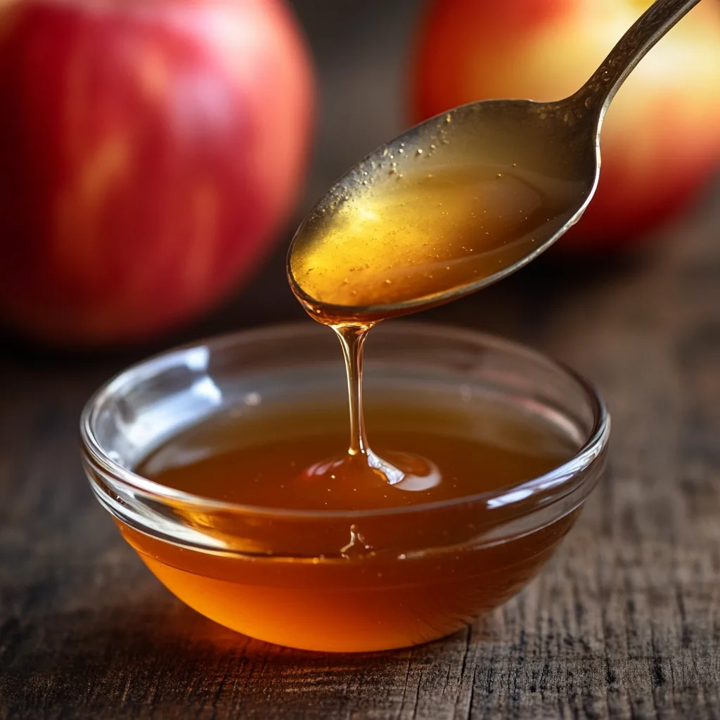 A spoon coated with thick apple cider syrup dripping slowly into a bowl
