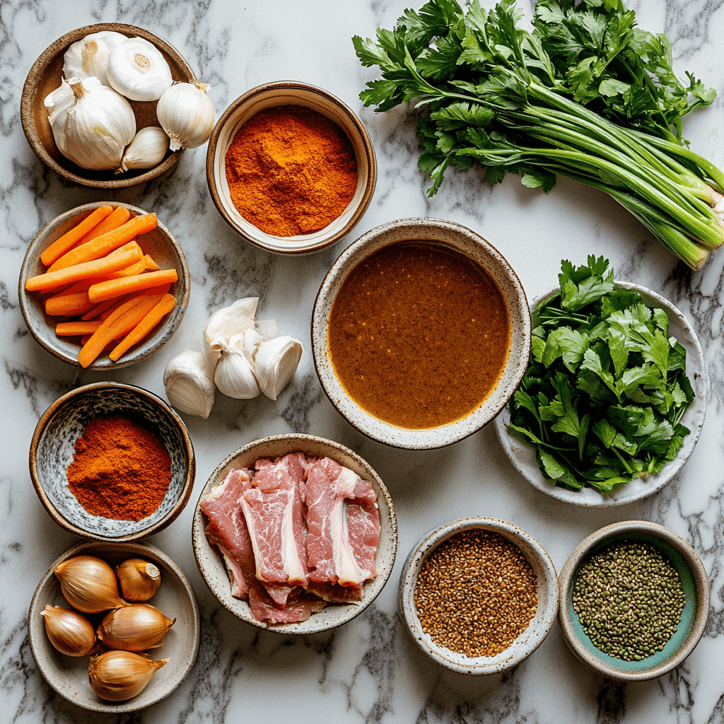 Flat lay of all the essential ingredients neatly arranged on a countertop