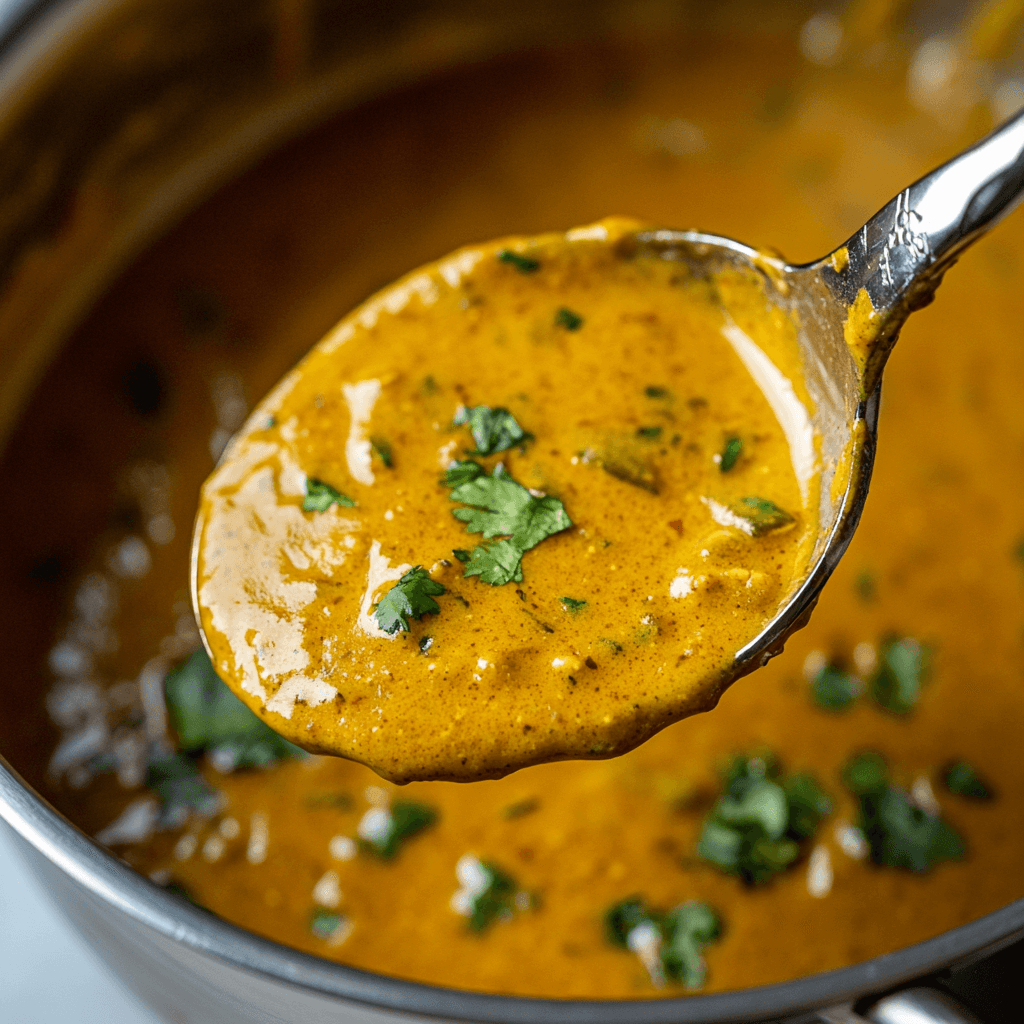 A ladle lifting thick, golden curry sauce from the pot