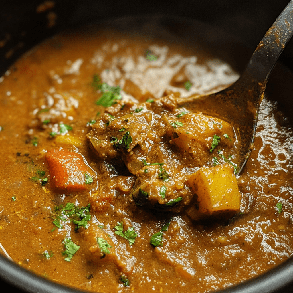 the final curry being stirred with a ladle