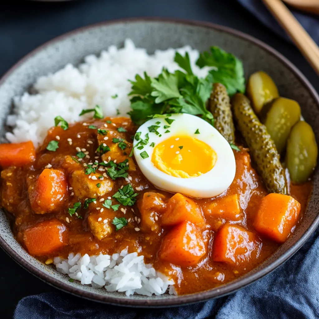 A plate of slow cooker Japanese curry served with white rice