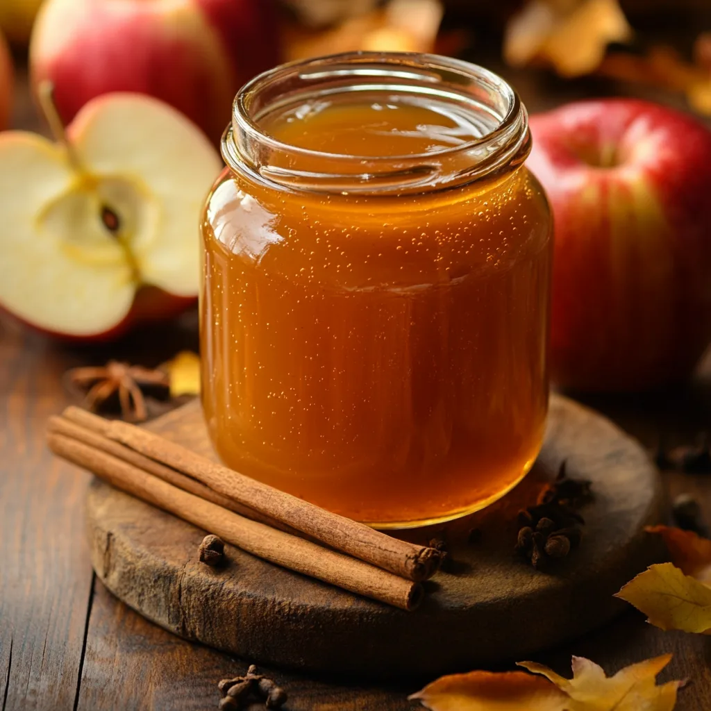 Homemade apple cider syrup in a glass jar with fresh apples and cinnamon sticks