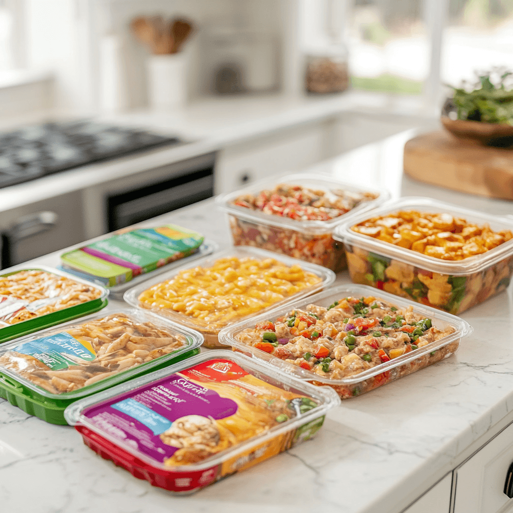 Different types of frozen dinners including single-serve, family-size, and diet-specific meals