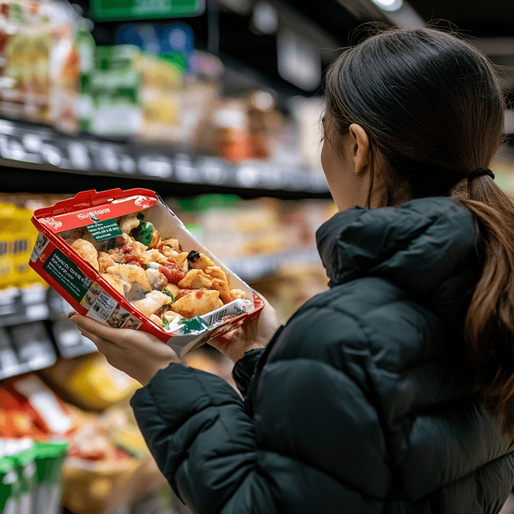 A person holding a frozen dinner box, examining the nutrition label.