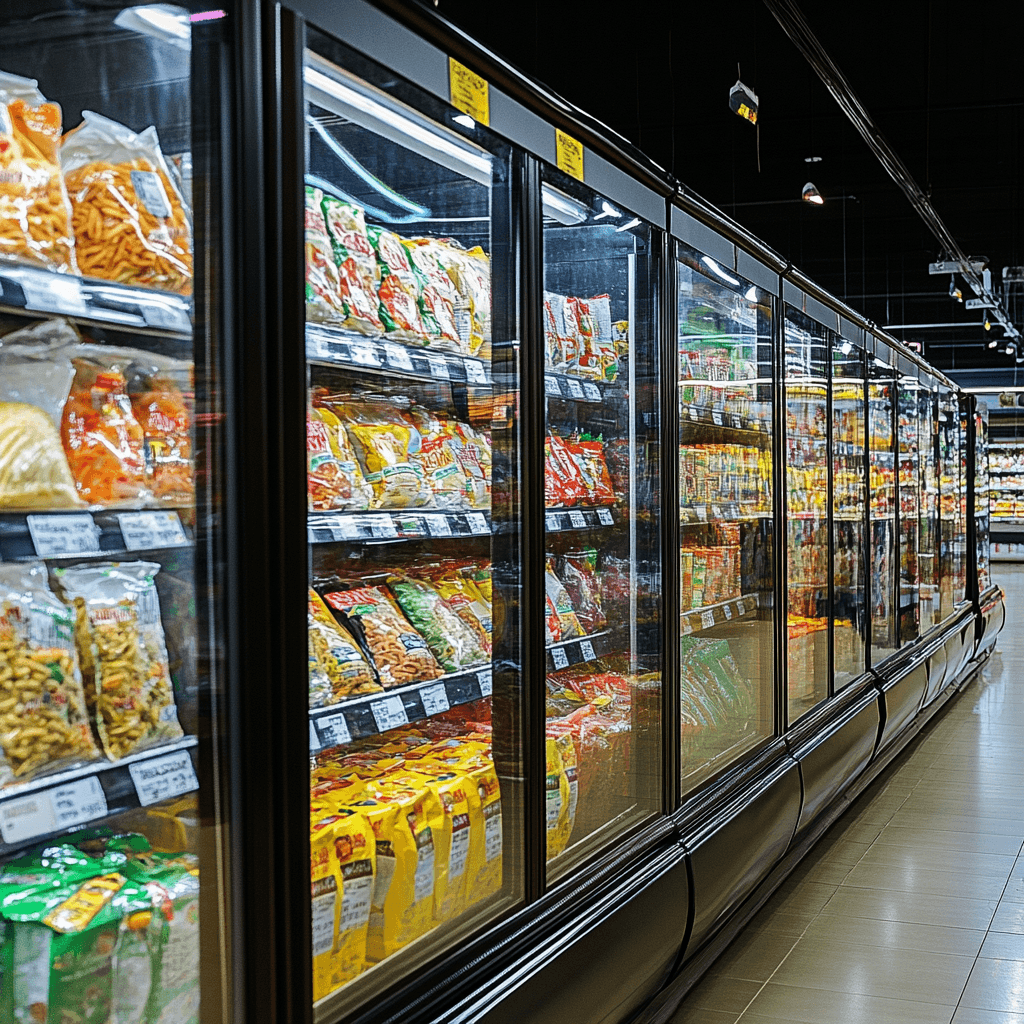 Variety of frozen dinners in colorful packaging displayed in a freezer aisle.