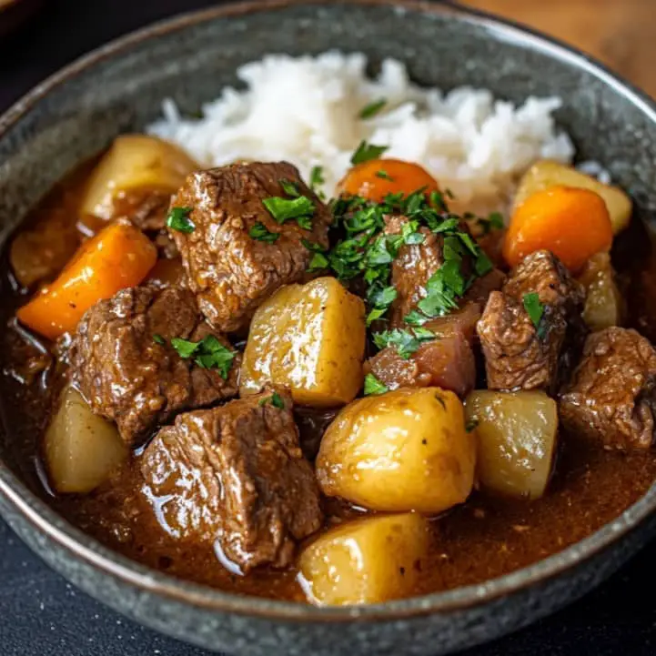 Beef Stew Roux Japanese with tender beef chunks, vegetables, and a rich brown sauce.