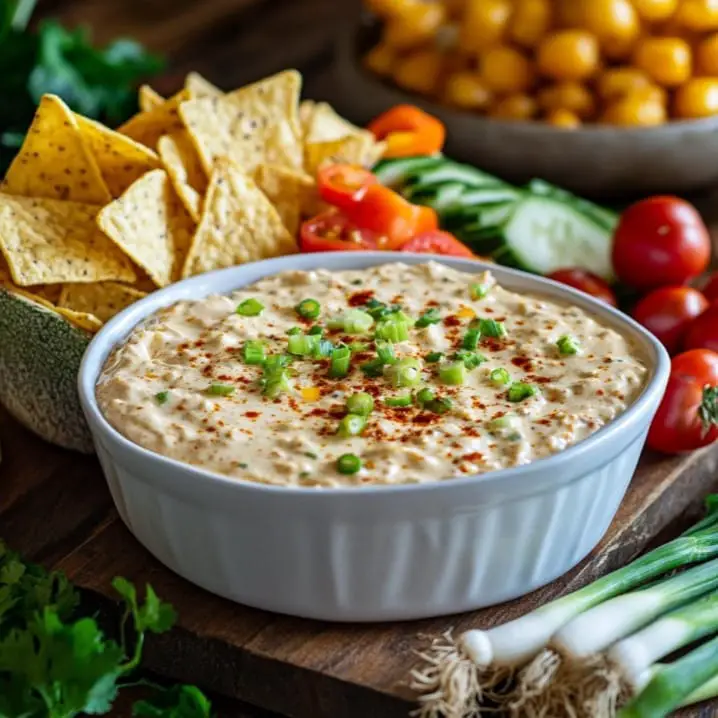 Boat Dip Recipe served with tortilla chips and fresh veggies