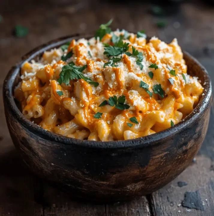 Buffalo Chicken Mac and Cheese Crockpot in a rustic ceramic bowl
