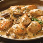 Chicken with tarragon and mushrooms in a creamy sauce, garnished with fresh herbs, served on a rustic plate with a side of crusty bread.