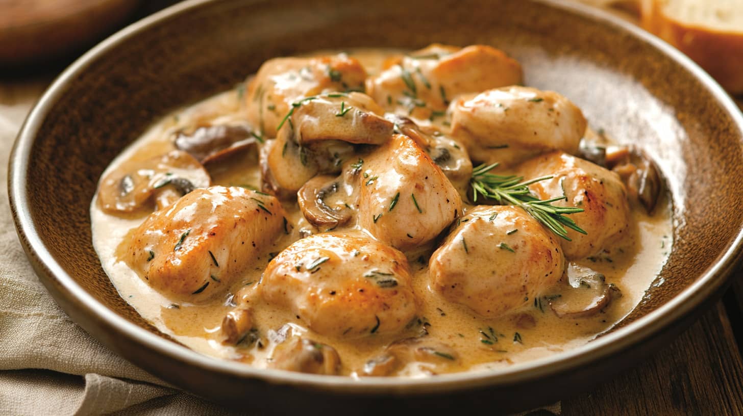 Chicken with tarragon and mushrooms in a creamy sauce, garnished with fresh herbs, served on a rustic plate with a side of crusty bread.