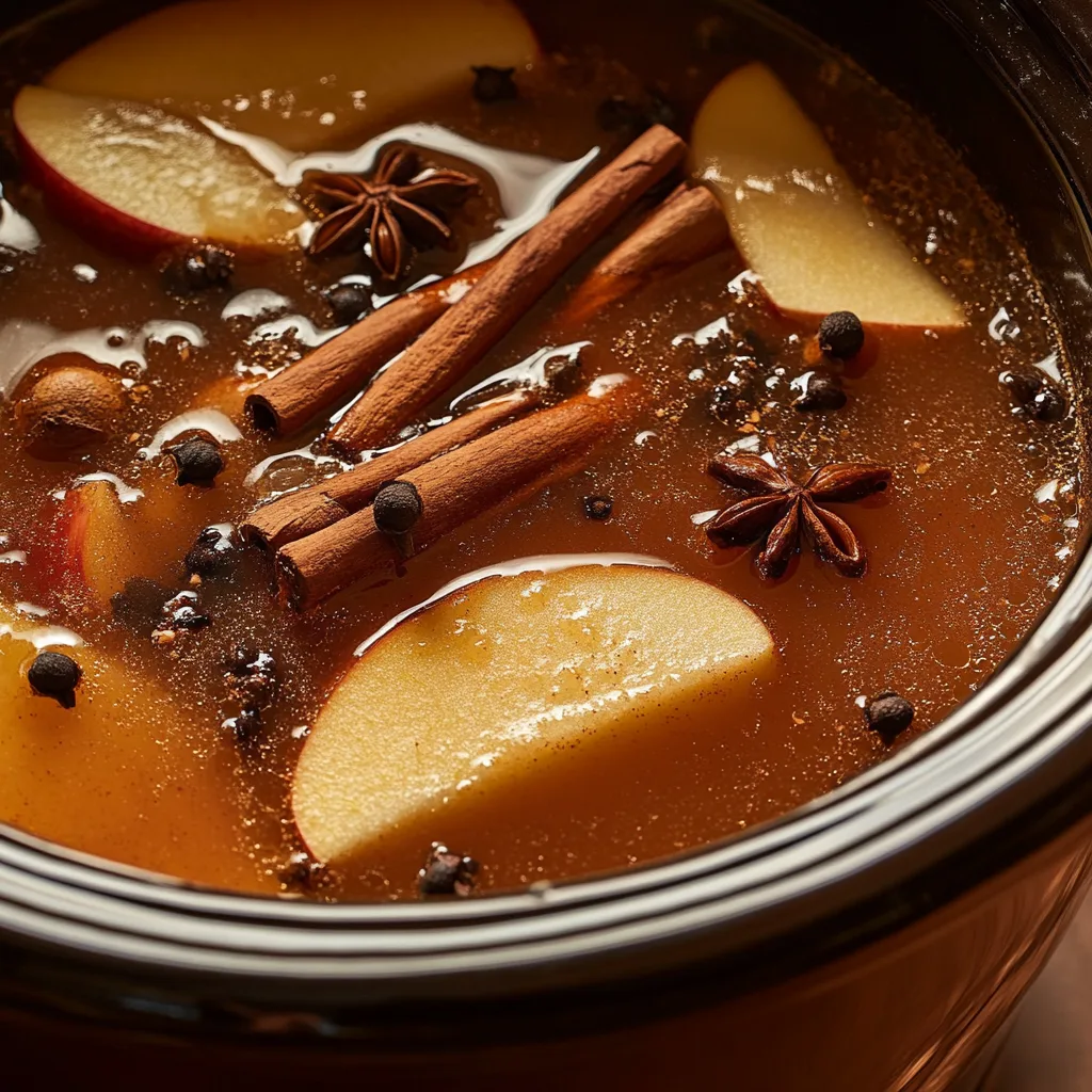 A crock pot filled with apple cider, cinnamon sticks, and spices as it simmers.