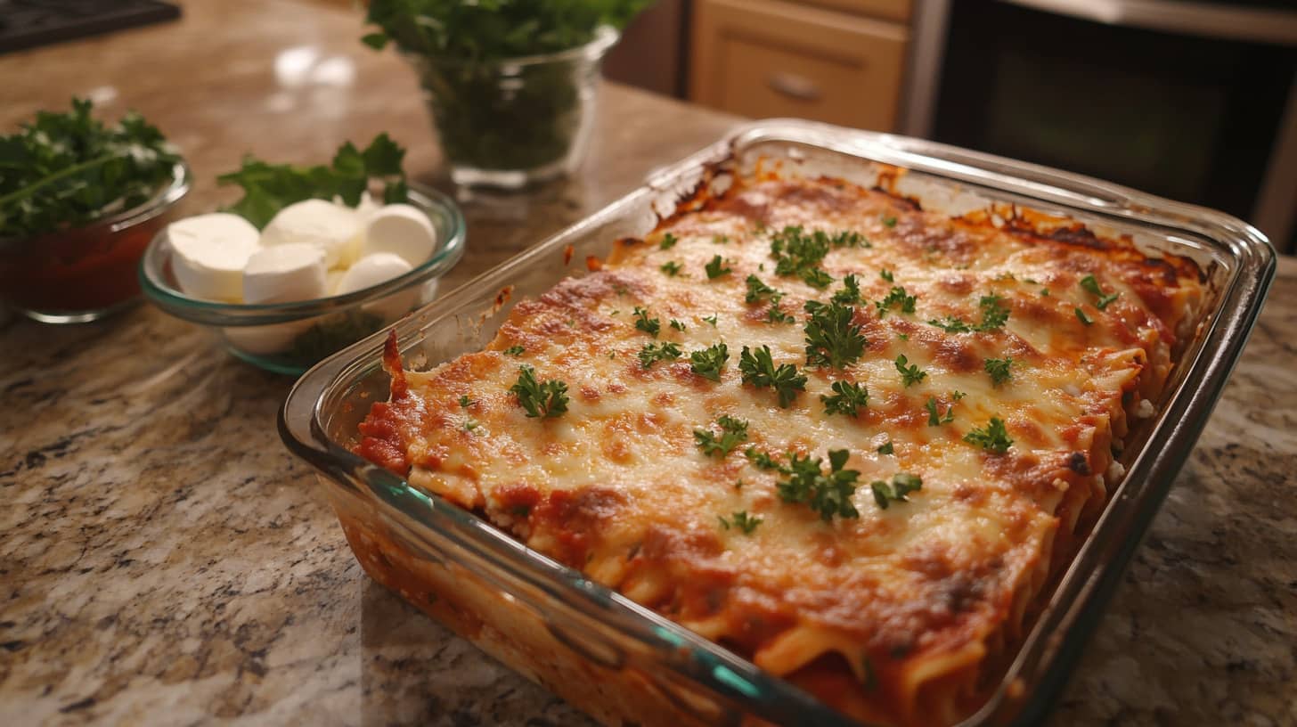 Baked lasagna made with cottage cheese, surrounded by ingredients like mozzarella slices and a bowl of cottage cheese