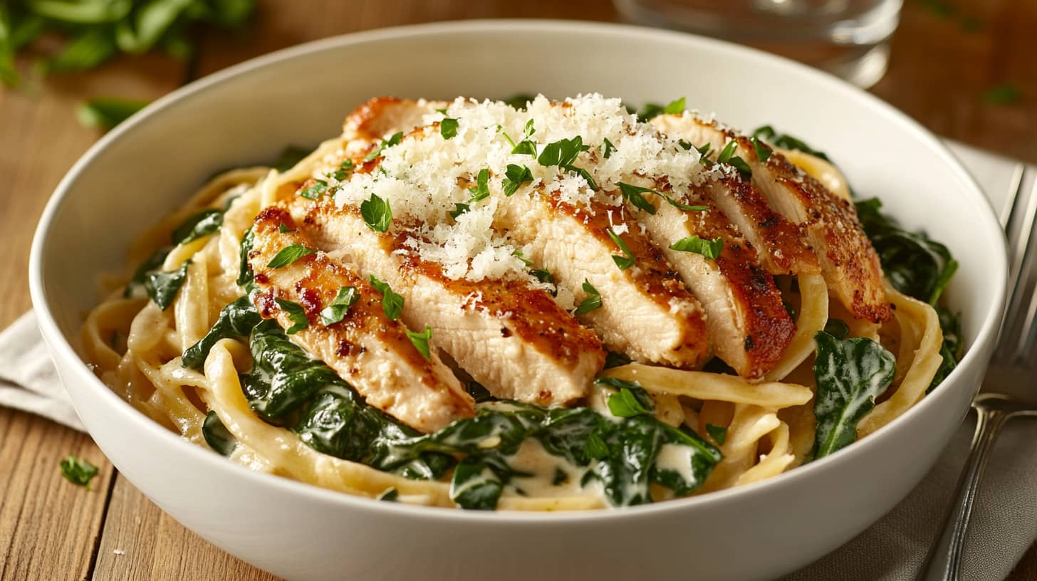 A bowl of creamy chicken spinach pasta garnished with Parmesan cheese and fresh parsley, served on a wooden table