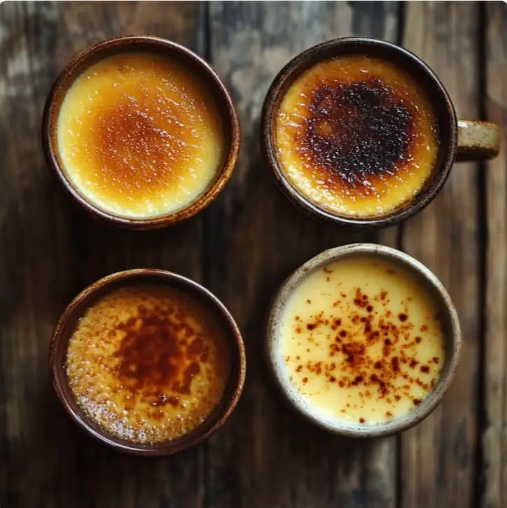 Crème brûlée in different ramekin substitutes like mugs, jars, bowls, and teacups