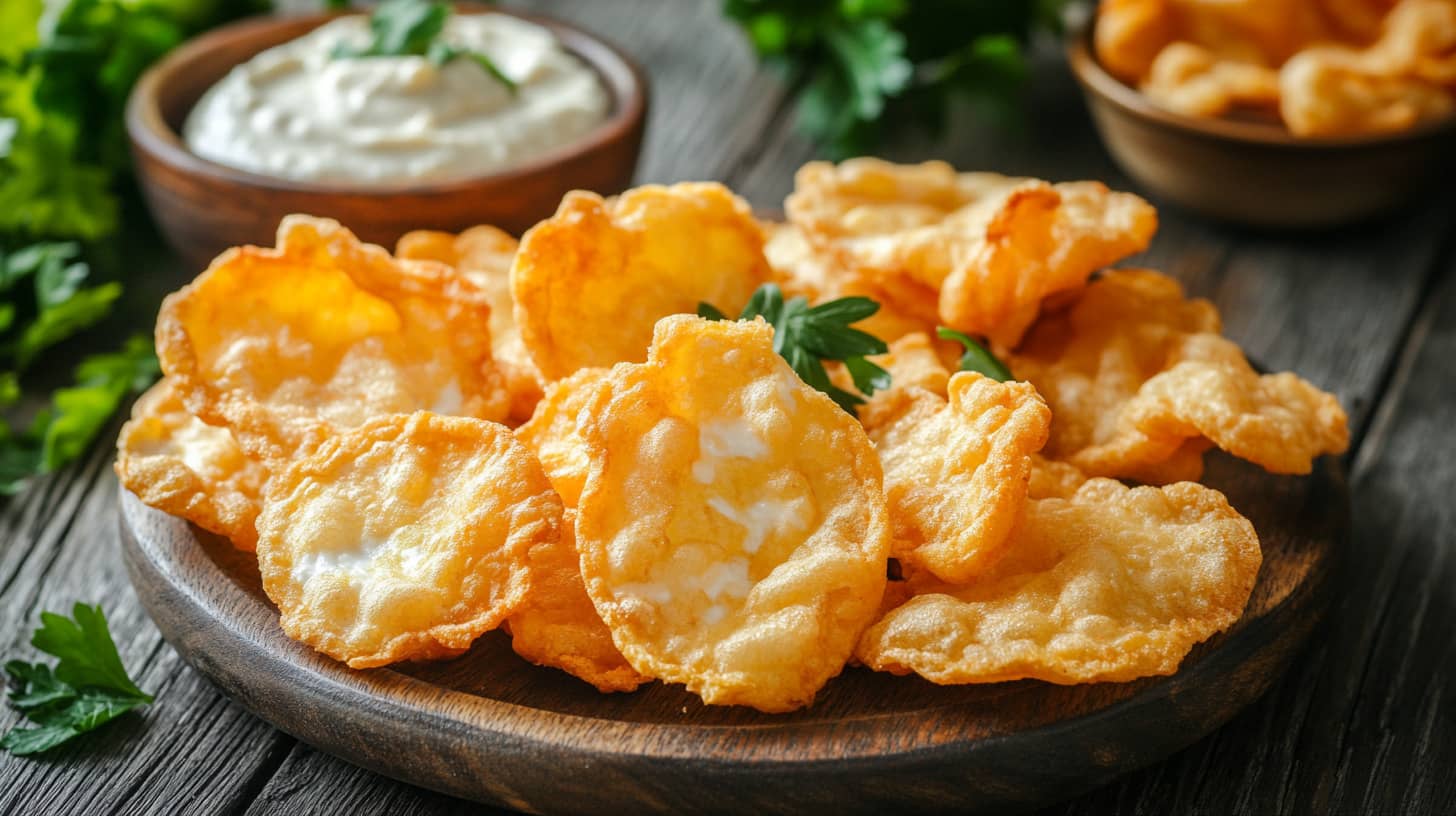 Golden, crispy cottage cheese chips served on a wooden plate with a side of hummus dip and parsley garnish