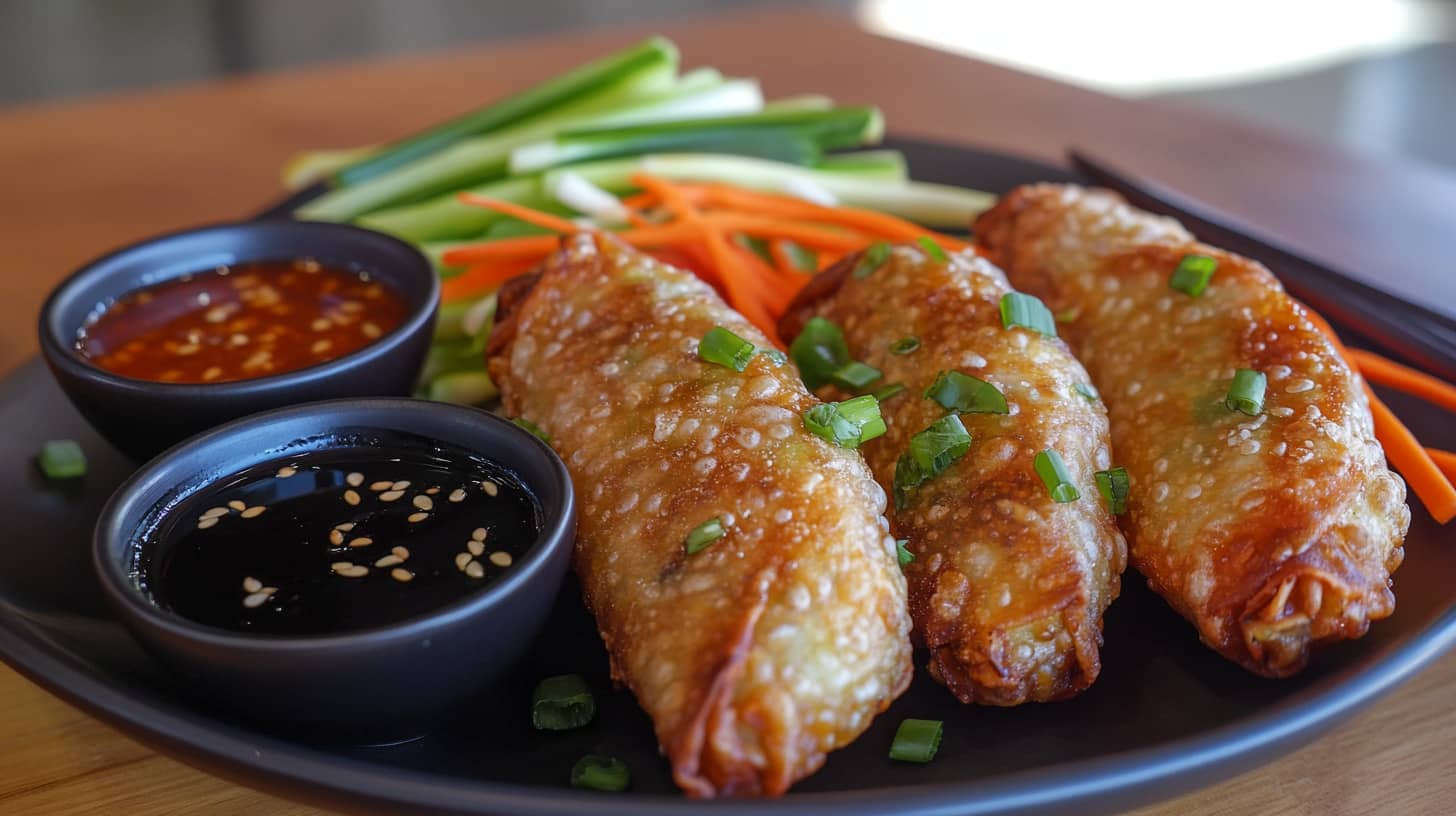 Crispy Veggie Egg Rolls Served With Flavorful Dipping Sauces.