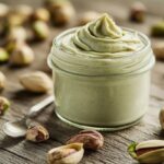 Jar of creamy pistachio spread surrounded by whole and shelled pistachios on a rustic wooden surface.