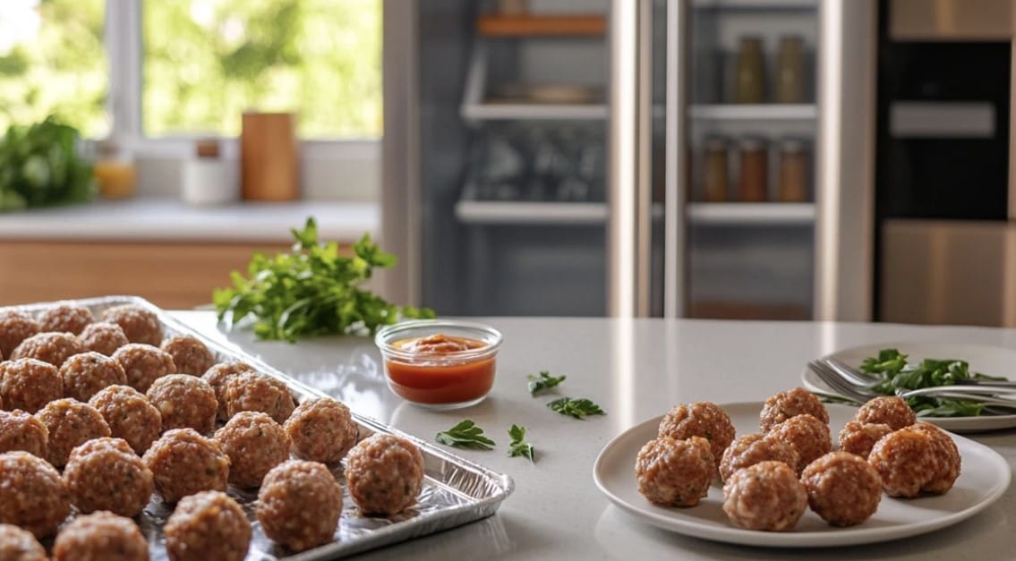 Sausage balls in three storage stages: uncooked on a tray, cooked in a container near a fridge, and reheated on a plate with dipping sauce.