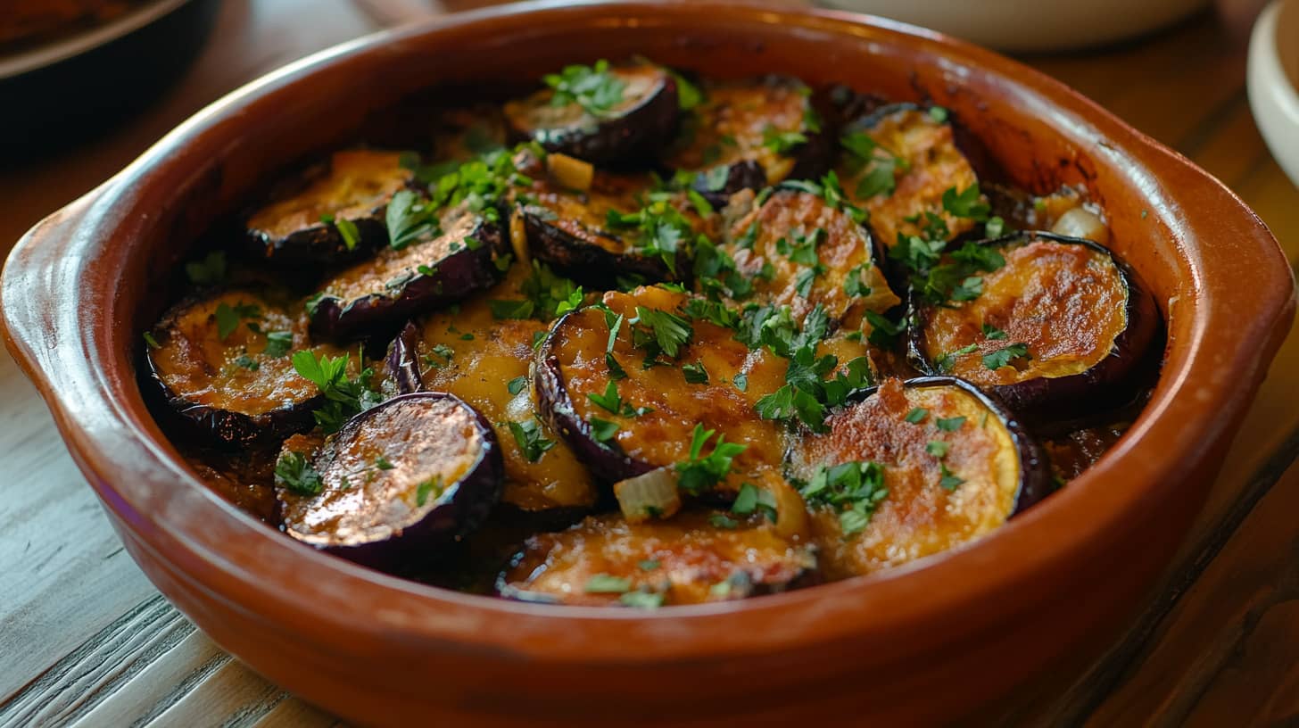 Freshly baked eggplant casserole garnished with parsley on a wooden table.