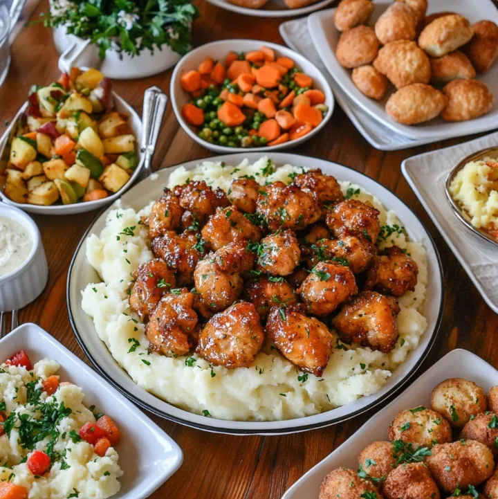 Platter of Garlic Butter Chicken Bites on a dinner table with sides of mashed potatoes and vegetables.