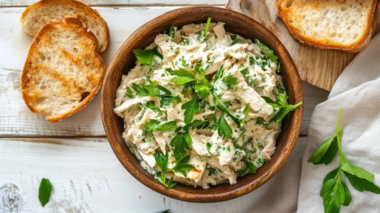 A bowl of tarragon chicken salad with shredded chicken, creamy dressing, and fresh tarragon leaves, served on a rustic wooden table.