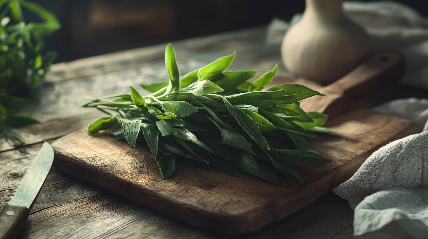 Fresh tarragon leaves on a wooden cutting board with kitchen tools in a bright and rustic setting.