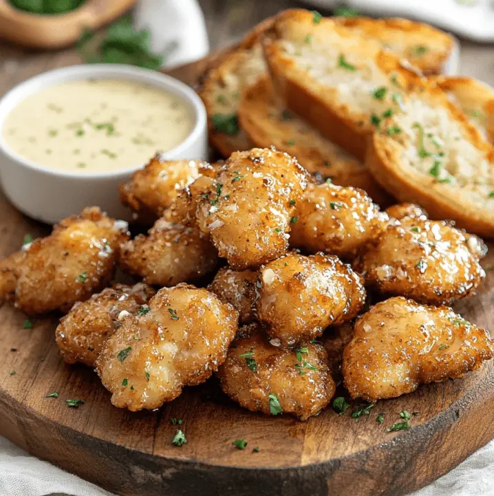 Garlic Butter Chicken Bites served with garlic bread and dipping sauce on a wooden board.