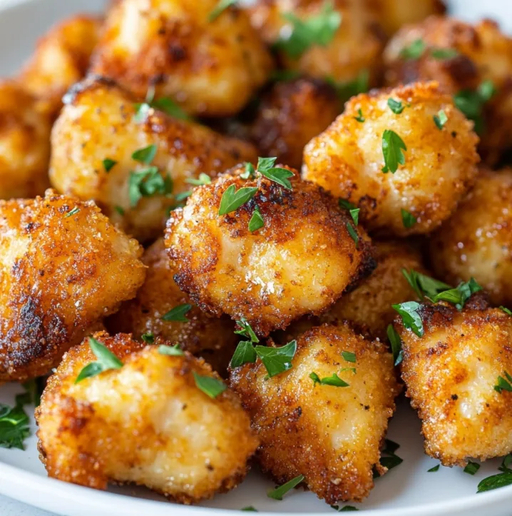 Garlic Butter Chicken Bites served on a white plate with fresh parsley garnish.