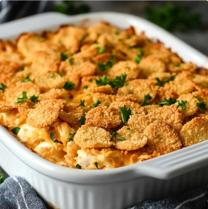 Paula Deen chicken casserole with Ritz crackers fresh from the oven.