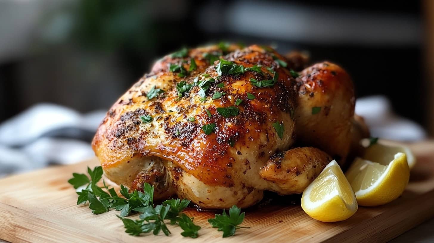 Golden Rotisserie Chicken On Wooden Board