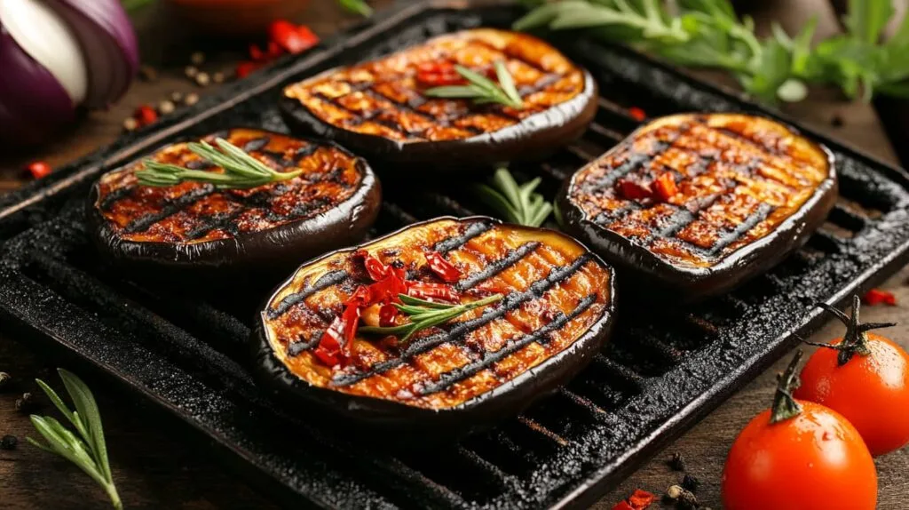 Eggplant slices on a grill with smoky char marks.