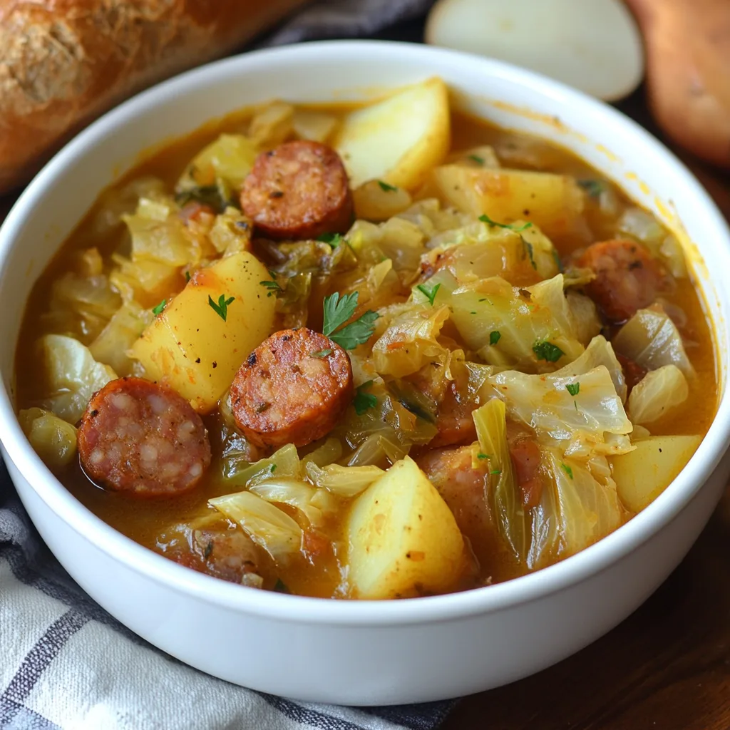 Cabbage and Sausage Stew in a Bowl