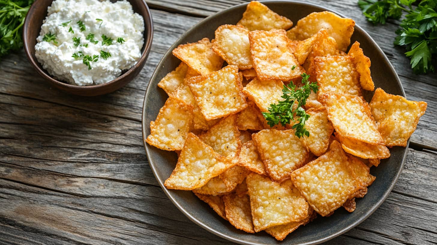 A plate of crispy, golden-brown cottage cheese chips on a wooden table with a bowl of cottage cheese and fresh herbs.