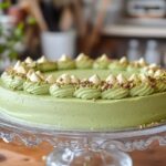 smooth pistachio cream surrounded by pistachios on a wooden countertop.