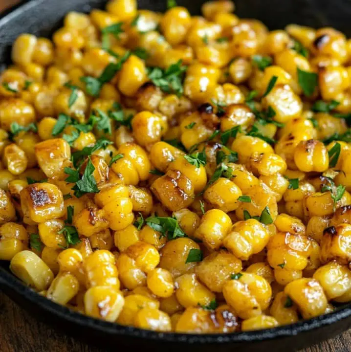 Golden honey butter skillet corn without cream cheese in a cast-iron skillet, topped with fresh parsley and glistening with a buttery honey glaze.