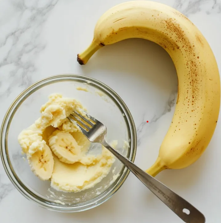 Whole banana next to a 1-cup measuring cup and mashed banana in a bowl.