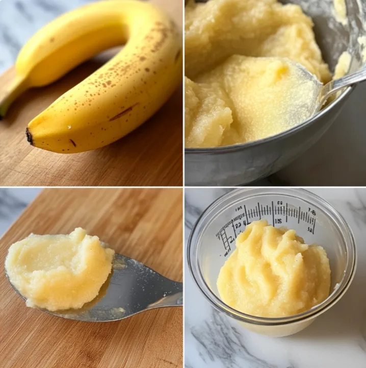 Step-by-step process of mashing a banana and measuring it in a cup