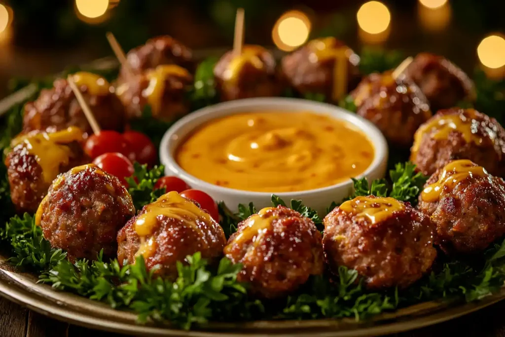 Rotel Cream Cheese Sausage Balls​​ served on a decorative platter with festive garnishes and toothpicks.