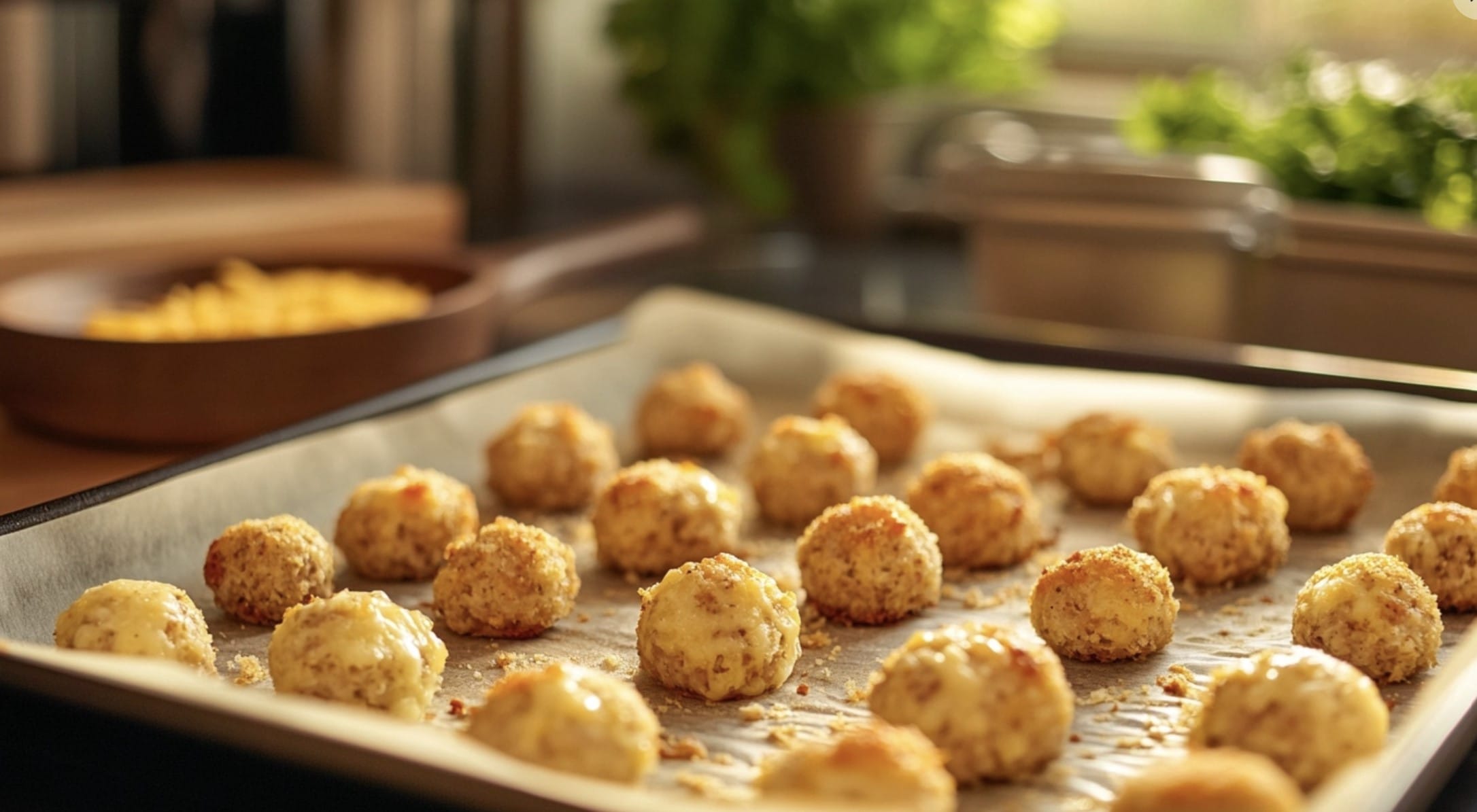 Golden-brown sausage balls on a parchment-lined baking sheet, surrounded by ingredients and cooking utensils in a cozy kitchen setting