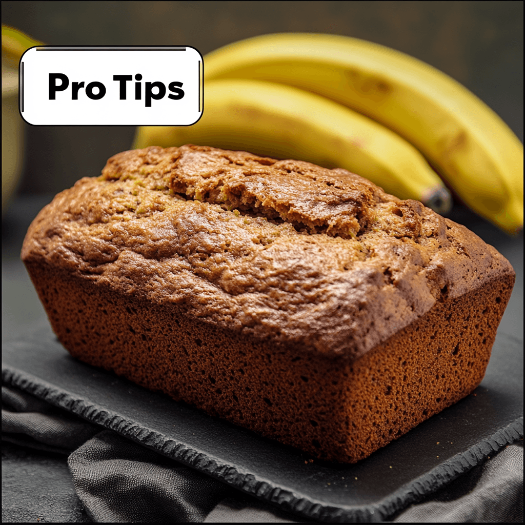 fresh loaf of banana bread with a "Pro Tips" icon overlay.