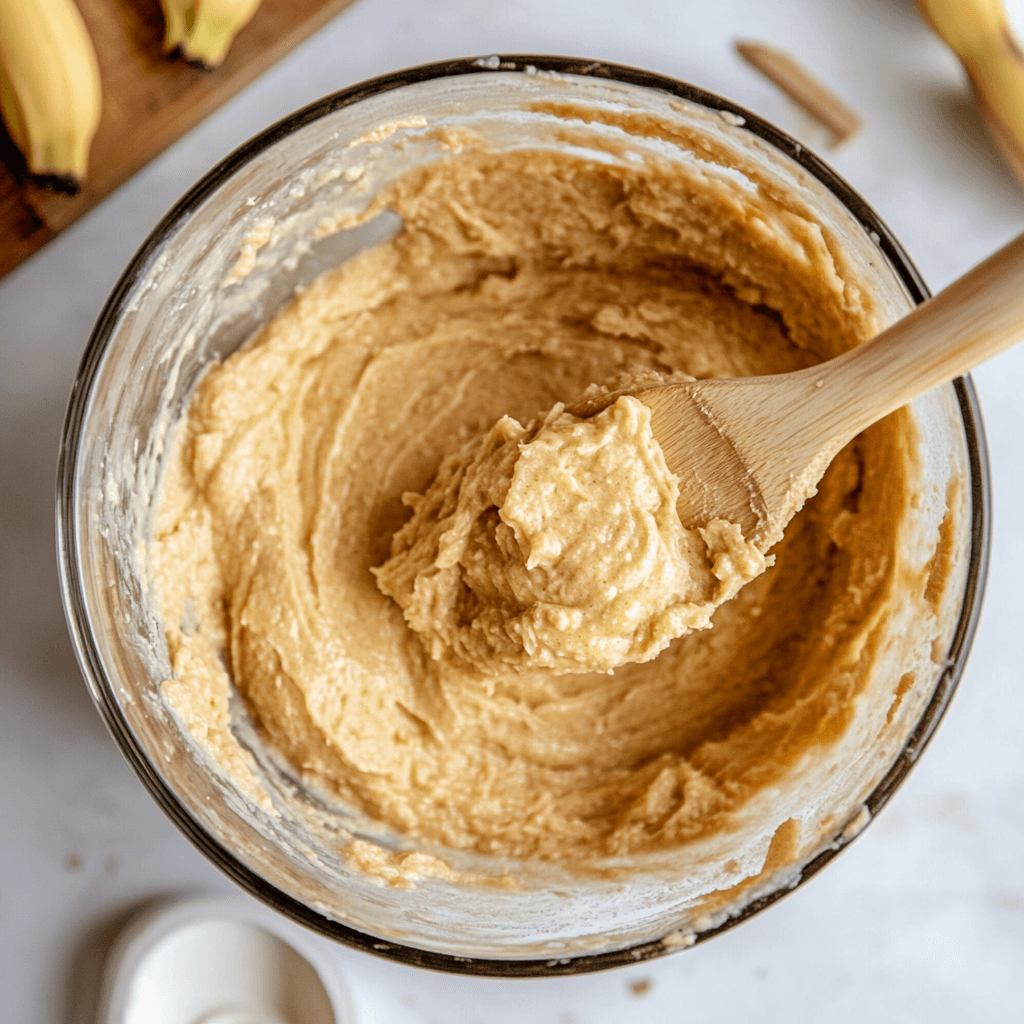 banana bread batter in a mixing bowl next to a freezer