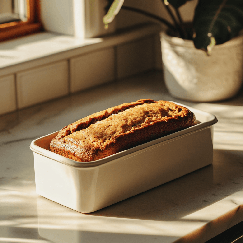 banana bread stored in a bread box or kitchen countertop.
