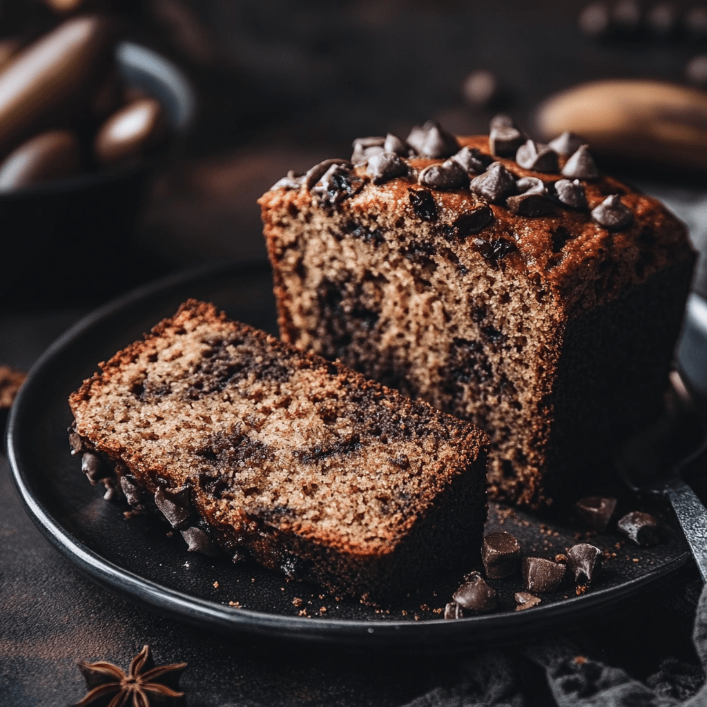 moist banana bread with a slice revealing its fluffy texture.