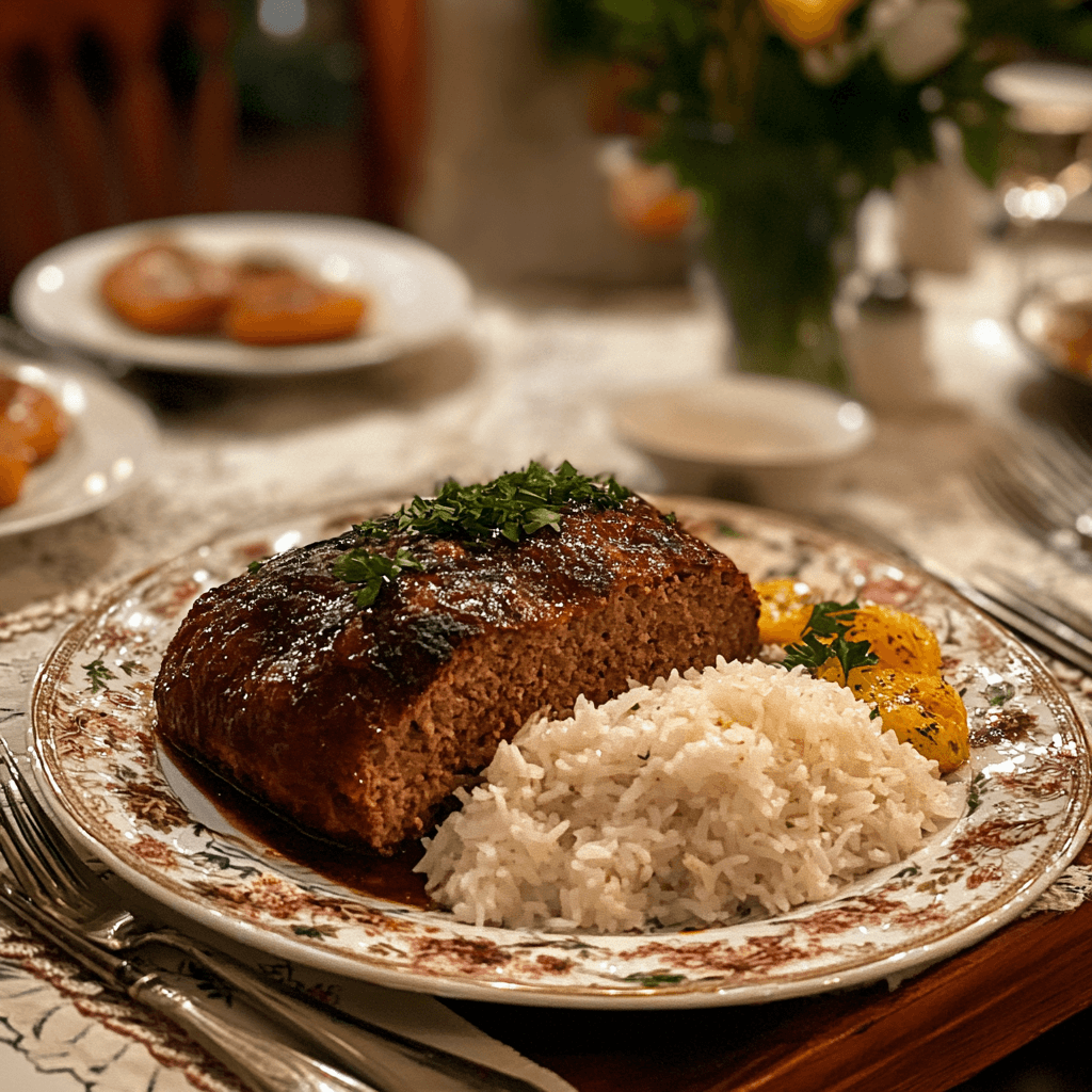 Image of traditional meatloaf with rice on a dinner table