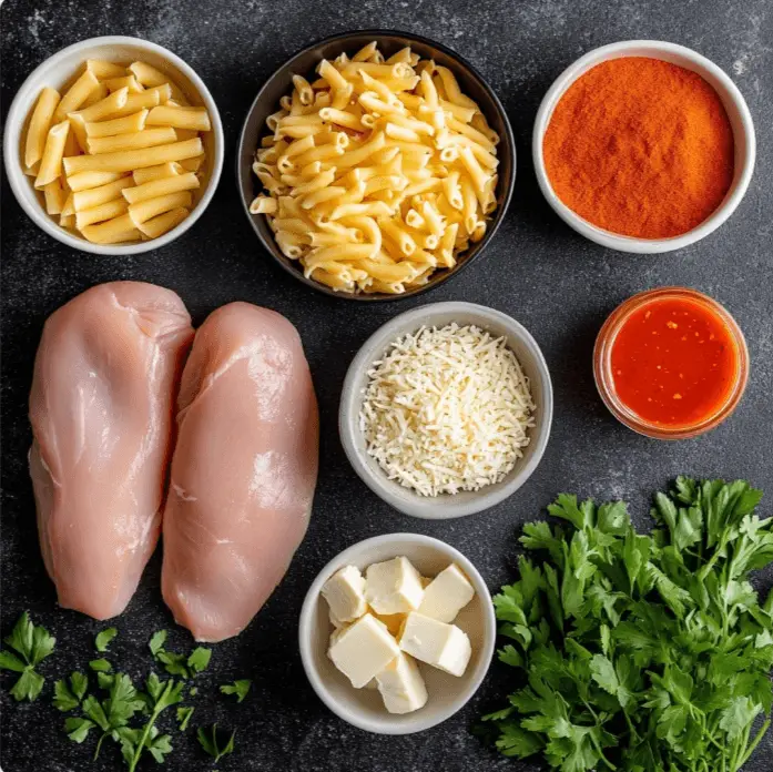 Ingredients for Buffalo Chicken Mac and Cheese Crockpot on a kitchen counter