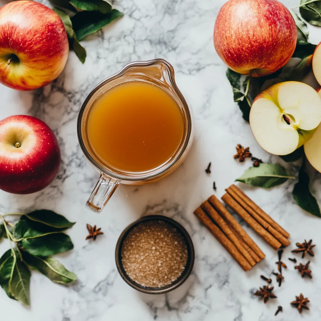 Fresh apple cider, cinnamon sticks, brown sugar, and whole cloves on a kitchen countertop